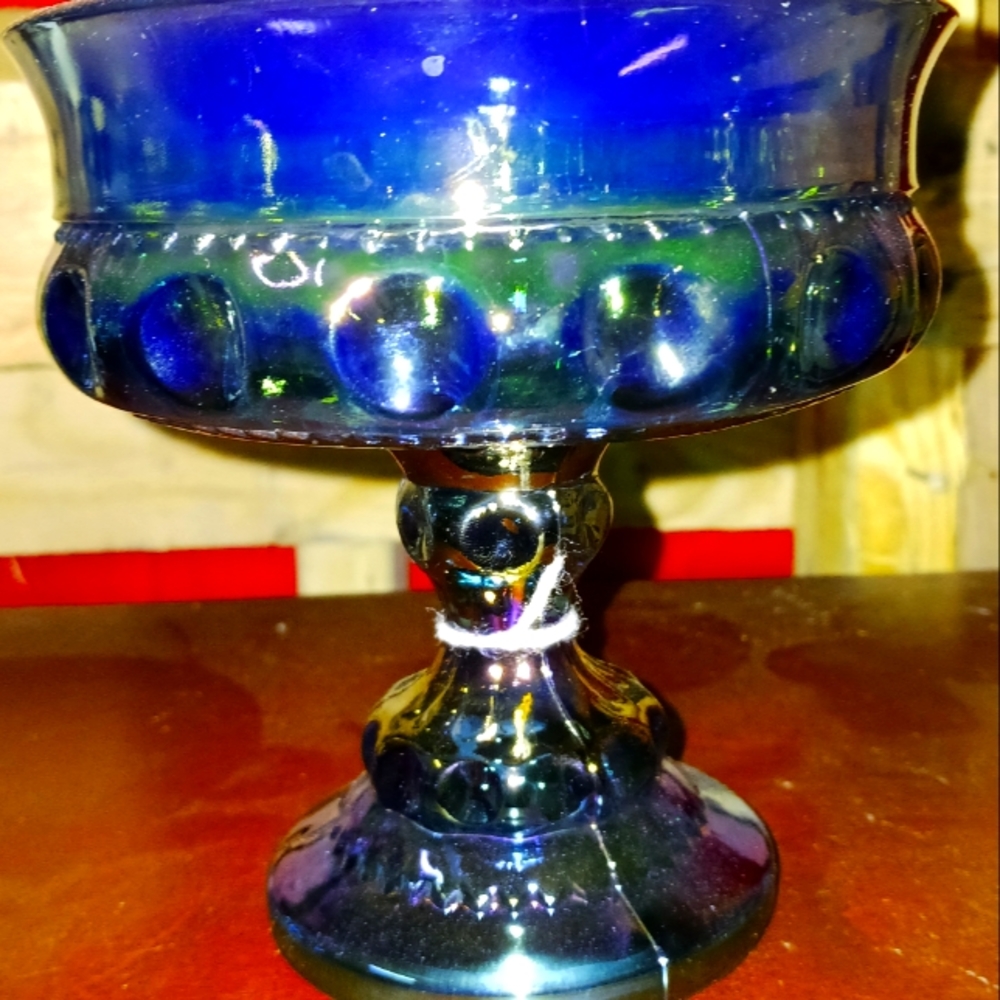 Indian blue carnival glass compote dish